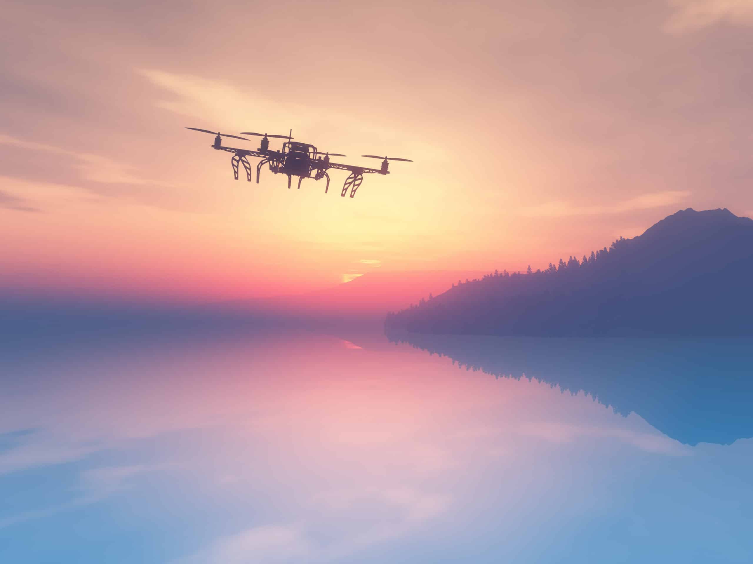 3D rende of a drone flying over a sunset ocean